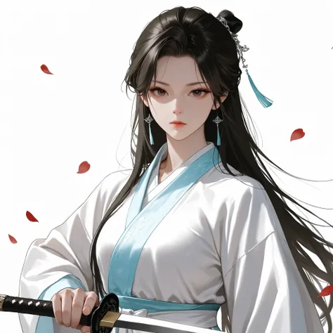 very aesthetic, 걸작, 고해상도, 8k 해상도, high contrast, (semi-realistic), newest, koreanai, best_quality, finely_detailed_eyes_and_detailed_face, (1 girl), solo, long_hair, straight_hair, bun, (slicked_side:1.2), white hanfu, hanfu, holding_sword, fighting_stanc...