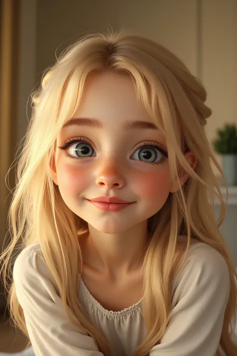 Cute blonde girl with highlights in her hair looking shy at you
