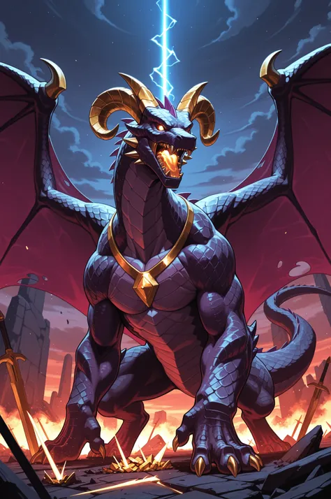 Miraculous Masterpiece,top quality,(Very Aesthetic),solo,I need his help,Filthy Horns,BREAK,(Gold and Dark Purple Scales,Detailed Multicolored Scales),(off,strong,Giant and Greedy,Wings of the Blade have grown, Legendary Creatures,Composite Dragon),BREAK,...