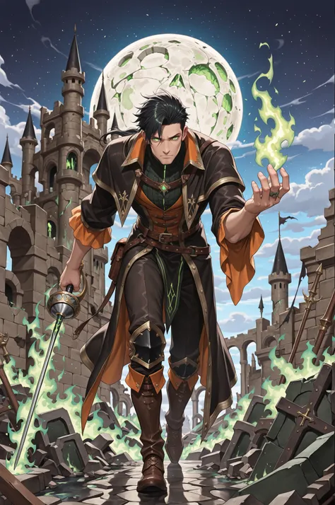 ((masterpiece:1.5)), ((best quality:1.5)), HDR, 1boy, solo, male focus, neat hair, clean face, glowing green eyes, warlock, fantasy victorian noble, ruined castle, castle ruins, night sky, cracked moon, green flames, eldritch aura, eldritch magic, holding ...