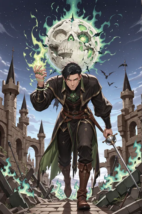 ((masterpiece:1.5)), ((best quality:1.5)), HDR, 1boy, solo, male focus, neat hair, clean face, glowing green eyes, warlock, fantasy victorian noble, ruined castle, castle ruins, night sky, cracked moon, green flames, eldritch aura, eldritch magic, holding ...