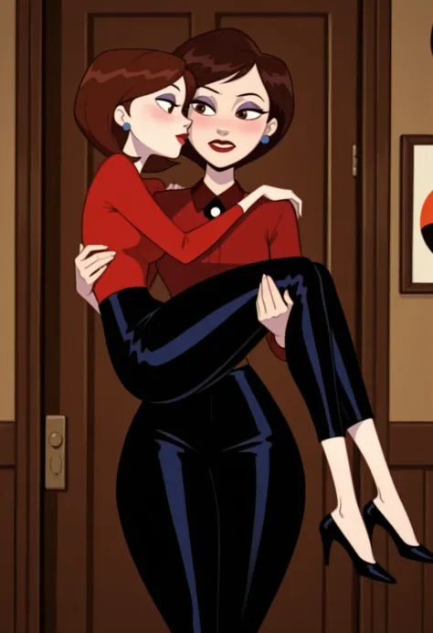  Helen Parr , mature female, medium hair, Bob_cut, brown hair, brown eyes, big eyes, long eyelashes, medium breasts, narrow waist, thick thighs, huge hips, fair skin, thin hands, earrings, makeup, pink lips, lipstick.|  masterpiece, best quality, absurdres...