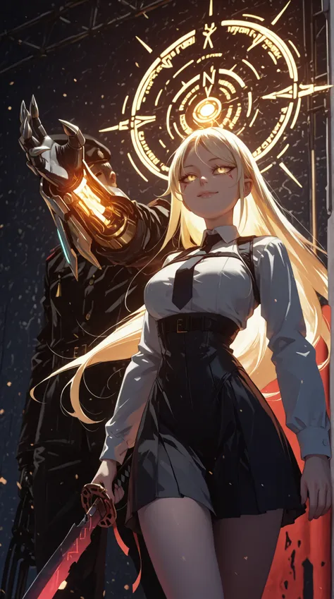 A young female character with the same height and body proportions as Shinobu Oshino from the Monogatari series. She has long, flowing blonde hair adorned with a red ribbon on one side, and the same sharp facial features as Shinobu — but instead of golden ...