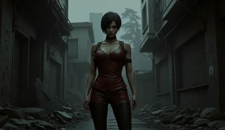 Resident Evil, Ada Wong, big breasts, perfect breasts, perfect body, dilapidated city, Apocalyptic, dark alley background, high detail, masterpiece.