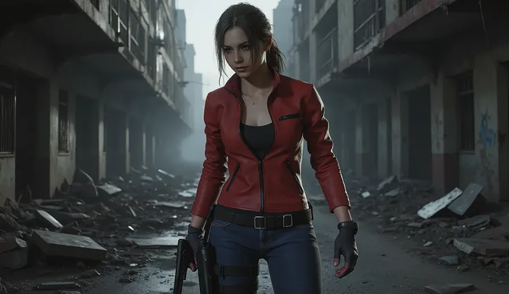 Resident Evil, Claire Redfield, big breasts, perfect breasts, perfect body, dilapidated city, Apocalyptic, dark alley background, high detail, masterpiece.
