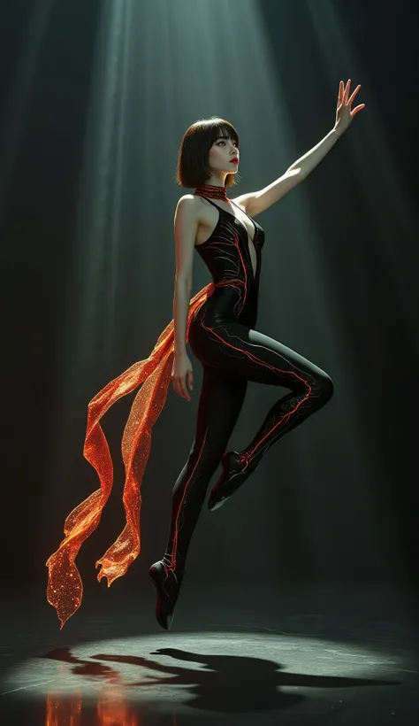 (masterpiece, 8k, best quality, ultra-detailed, photorealistic), A stunning artistic illustration of a surreal fantasy dancer. The subject is a gorgeous young woman with a chic, short brunette bob haircut and piercing amber eyes; her face is a portrait of ...