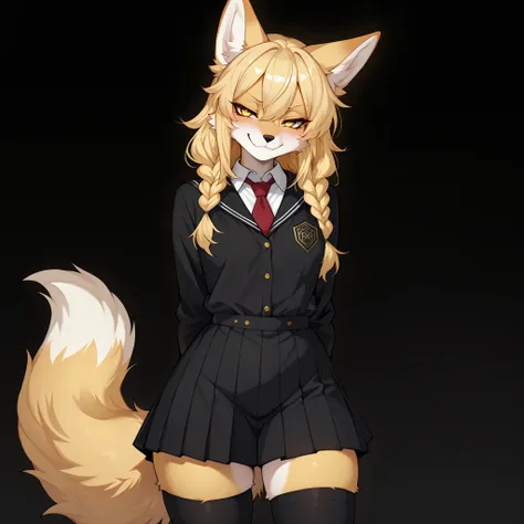 masterpiece, best quality, amazing quality, very aesthetic, high resolution, ultra-detailed, absurdres, newest, scenery, anthro, Kimiko, anthro furry blonde fox girl, golden eyes, braided blonde hair, yellow fur, tail, smug, wearing black school girls uni...