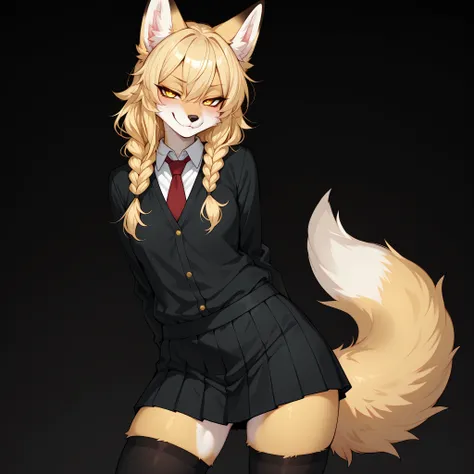 masterpiece, best quality, amazing quality, very aesthetic, high resolution, ultra-detailed, absurdres, newest, scenery, solo, anthro, Kimiko, anthro furry blonde fox girl, golden eyes, braided blonde hair, yellow fur, tail, smug, wearing black school gir...