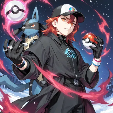 score_9, selvagem, Fifteen years boy,male character, solo boy, confident expression. Raised hair, short medium hair, baseball cap with a symbol of pokeball, red hair, beautiful face, orange eyes, black jersey, loose red short-sleeved overcoat, pair of medi...