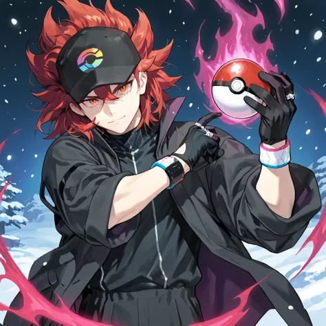 score_9, selvagem, Fifteen years boy,male character, solo boy, confident expression. Raised hair, short medium hair, baseball cap with a symbol of pokeball, red hair, beautiful face, orange eyes, black jersey, loose red short-sleeved overcoat, pair of medi...