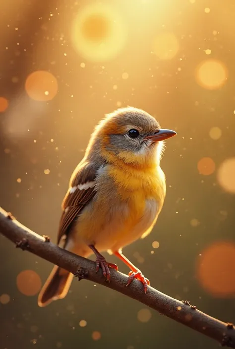 A charming close-up portrait,Showing a beautiful bird,Illuminated by soft golden light on a quiet morning,The bokeh ball gently frames its petite body