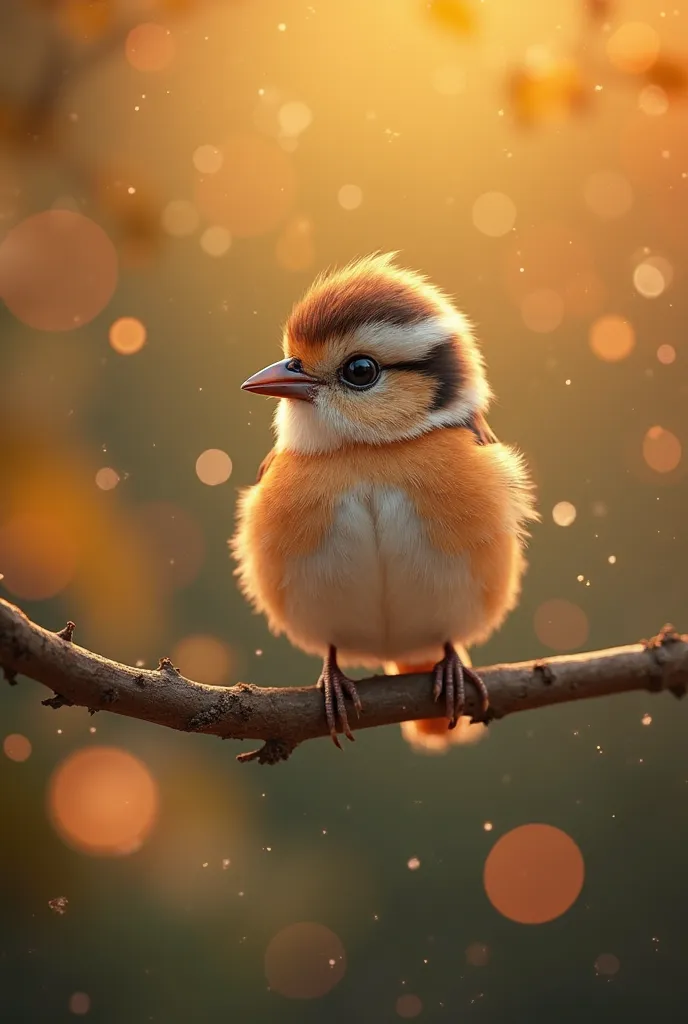 A charming close-up portrait,Showing a beautiful bird,Illuminated by soft golden light on a quiet morning,The bokeh ball gently frames its petite body
