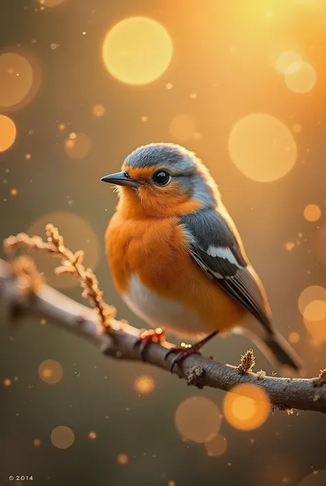 A charming close-up portrait,Showing a beautiful bird,Illuminated by soft golden light on a quiet morning,The bokeh ball gently frames its petite body