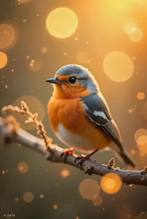 A charming close-up portrait，Showing a beautiful bird，Illuminated by soft golden light on a quiet morning，The bokeh ball gently frames its petite body
