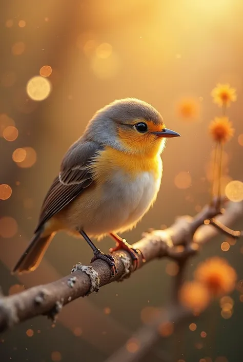 A charming close-up portrait,Showing a beautiful bird,Illuminated by soft golden light on a quiet morning,The bokeh ball gently frames its petite body