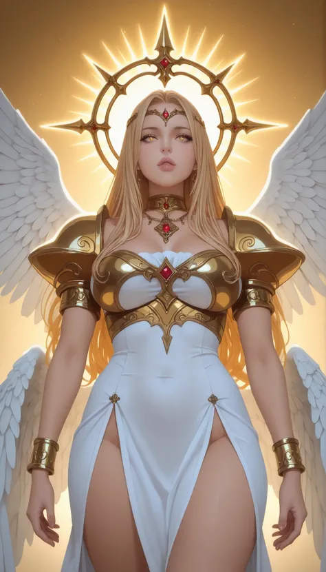 Create an anime-style female character with long flowing blonde hair and prominent golden eyes. She has a calm yet fierce expression, with her lips slightly parted. She is adorned in a white silk slit dress, gold necklace, gold bracelet. on her back are ma...