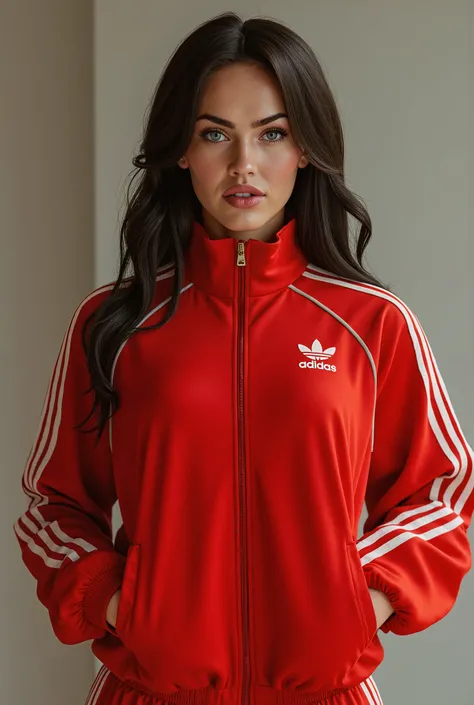 Megan Fox wearing red Adidas jacket and pants