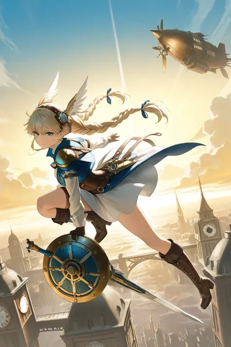 score_9 , score_8_up , score_7_up ,8k , masterpiece , best quality , ultra-detailed , intricate details , high resolution , cinematic lighting , glowing morning sky , golden hour light , a single cute anime-style girl, cute face , age17,160cm,blonde to purple hair ,long hair,Braided Hair,dual twintails hair tied in silky blue ribbons,bluegreen eyes,steampunk sword ,steampunk gear shield , Valkyrie clothing and dress, Valkyrie wings, break,Each strand is finely rendered, shiny, backlit by the morning sun, dynamic movement, soft cheeks with a slight flush, anatomically accurate, realistic translucent skin, smooth texture, hair and skirt flowing in the wind, dramatic movement, Valkyrie feathered barrette, wearing a steampunk dress: deep navy corset jacket with brass fastenings, gear motif on shoulder pads, short flared skirt with layered ruffles, thigh-high boots with copper accents, gear embedded in sword and shield, wings flapping into the air from a flying steampunk airship, her pose is slightly curled, legs outstretched, torso leaned forward, one knee slightly bent. Background: The vast steampunk city below, with misty rooftops, tall gear bridge, brass chimneys emitting steam, and a clock tower in the distance, all bathed in a soft golden sunrise. Camera angles: an angled overhead shot from slightly above her, capturing the height and tension, the blurry clouds behind her, the dynamic depth of field, the freeze-frame of the moment the gun is fired, explosive cinematic tension. ,beautiful illustration to match their dresses,two goddess-like pure girl,the color of the light is also fantastical and mysterious to match their dresses and image,a composition of the two seen from side,