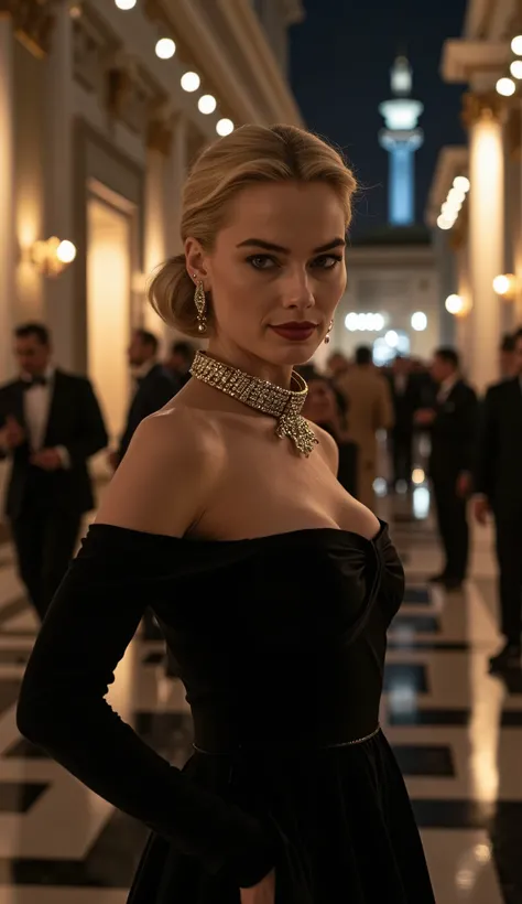 Margot Robbie dressed in an elegant and sophisticated black dress, with luxurious texture and modern cut. Bright and flashy necklace with sparkling stones, brincos discretos. upper body highlighted. Cinematic background at a museum at night, with artistic ...