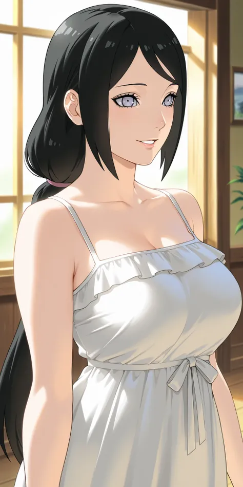 mature female, hinata\(boruto\), Black hair, straight hair, pony hair, high ponytail long hair, white spaghetti strap housedress, upper body, white eye, parted lips, smile, home, milf, hinata\(boruto\) style, soft light, high detailed