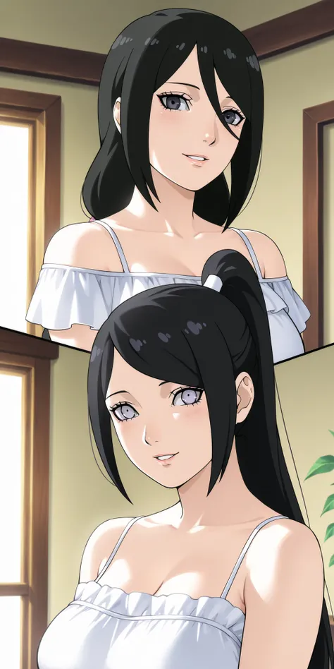 mature female, hinata\(boruto\), Black hair, straight hair, pony hair, high ponytail long hair, white spaghetti strap housedress, upper body, white eye, parted lips, smile, home, milf, hinata\(boruto\) style, soft light, high detailed