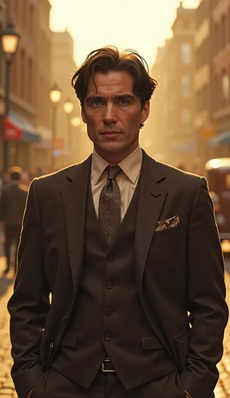 Cillian Murphy wearing a custom-made dark brown suit, light cream shirt and textured fabric tie. Visual charmoso, take a serious look, impeccably combed hair. upper body highlighted. Realistic and cinematic background of an old avenue with classic archite...