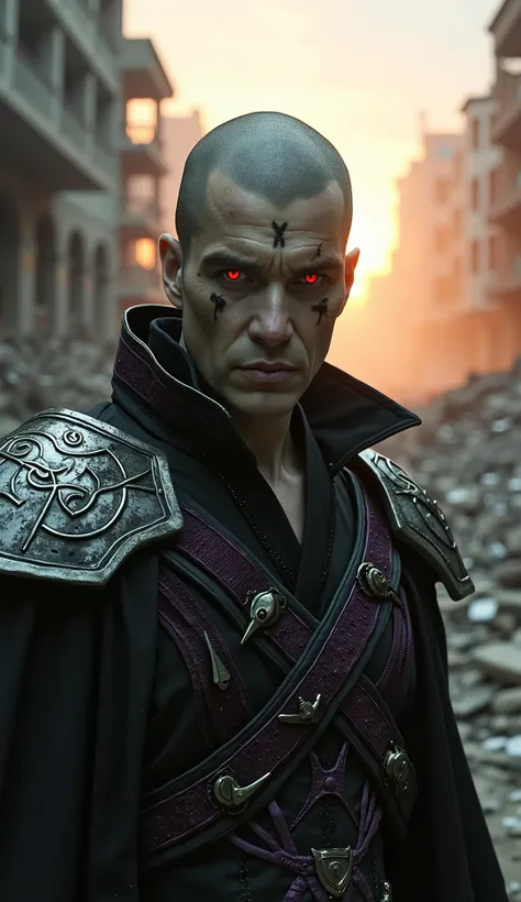 Cillian Murphy as Quan Chi in a dark and imposing look, pale greenish skin, eyes glowing red, mystical runic marks on her face and shaved head. Black ritualistic costume with pointed armor and aged metal shoulder pads, details in matte silver and dark purp...