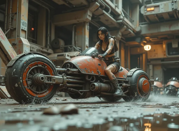 cinematographic photograph using the rule of thirds and composition on planes Photo a 3/4 full body shot counterposed at ground level,  soft light, unmarked contrasts, a retro-futuristic flying motorcycle (Speeder bike) Flying ( bike) inspired by motorcycl...