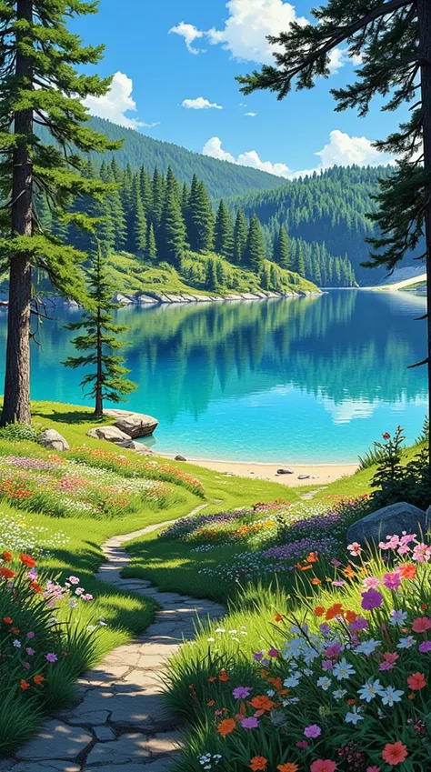 In digital comic art, full HD, 4K, a masterpiece, with a vibrant and vivid color palette, moderate contrast, good sharpness, a precise brightness, a highly detailed and well-constructed art. A unique garden, with a large lake of crystal clear waters, illuminated by the midday sun's rays, which illuminate the entire place, the lake is near a small forest with pine trees that provide shade and near the lake, very close to the shore, there is a field full of wild flowers of different colors and shapes, a gentle breeze sways the trees a little, carrying some wild flower petals into the air, the sky is clear blue, tinged with shades of white by some small shy clouds that appear, the scene is peaceful, calm and conveys peace.