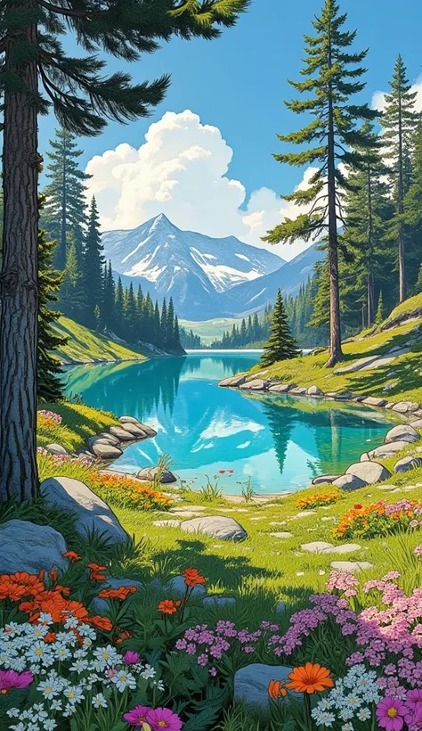 In digital comic art, full HD, 4K, a masterpiece, with a vibrant and vivid color palette, moderate contrast, good sharpness, a precise brightness, a highly detailed and well-constructed art. A unique garden, with a large lake of crystal clear waters, illuminated by the midday sun's rays, which illuminate the entire place, the lake is near a small forest with pine trees that provide shade and near the lake, very close to the shore, there is a field full of wild flowers of different colors and shapes, a gentle breeze sways the trees a little, carrying some wild flower petals into the air, the sky is clear blue, tinged with shades of white by some small shy clouds that appear, the scene is peaceful, calm and conveys peace.