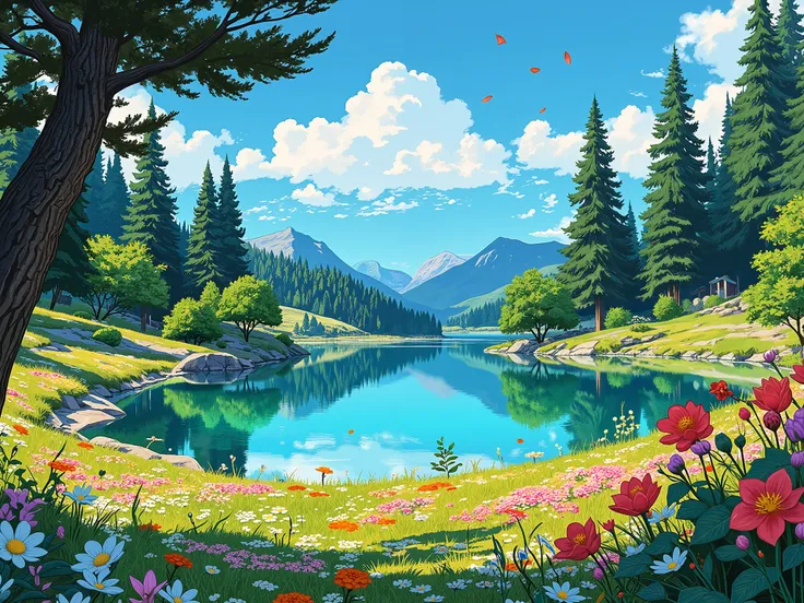 In digital comic art, full HD, 4K, a masterpiece, with a vibrant and vivid color palette, moderate contrast, good sharpness, a precise brightness, a highly detailed and well-constructed art. A unique garden, with a large lake of crystal clear waters, illum...