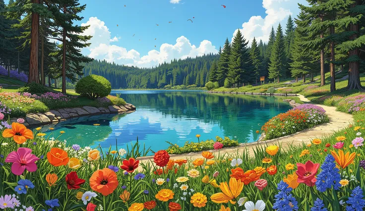 In digital comic art, full HD, 4K, a masterpiece, with a vibrant and vivid color palette, moderate contrast, good sharpness, a precise brightness, a highly detailed and well-constructed art. A unique garden, with a large lake of crystal clear waters, illum...