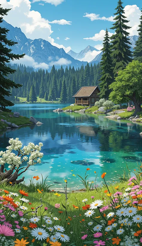 In digital comic art, full HD, 4K, a masterpiece, with a vibrant and vivid color palette, moderate contrast, good sharpness, a precise brightness, a highly detailed and well-constructed art. A unique garden, with a large lake of crystal clear waters, illum...
