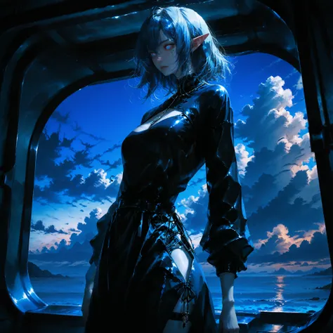 artist: nixeu, masterpiece, best quality, illustration, a beautiful elf woman, pale blue skin, midnight blue hair, medium length hair, aquamarine eyes, detailed face, wearing a animal leather clothing, tribal clothing, water tribe, brown animal leather ski...