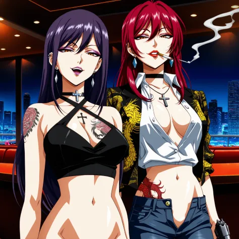 2girl, two girls, , long hair, [[[tattoo]]], earrings, breast tattoo, waist tattoo, girls, black hair, , purple hair, red hair,  ,, makeup, parted lips,  smoking, purple hair, choker, high quality, best quality, great quality, long  hair, arm tattoo, eyesh...