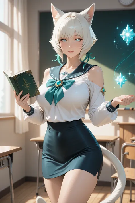 ((fantasy girls' school classroom)), ((soft realistic anime style:1.2)), ((warm ambient light)), beautiful cat-eared teacher, (Y'shtola inspired), white-blonde shoulder-length voluminous bob, glowing blue eyes, confident gentle smile, cat ears visible abov...