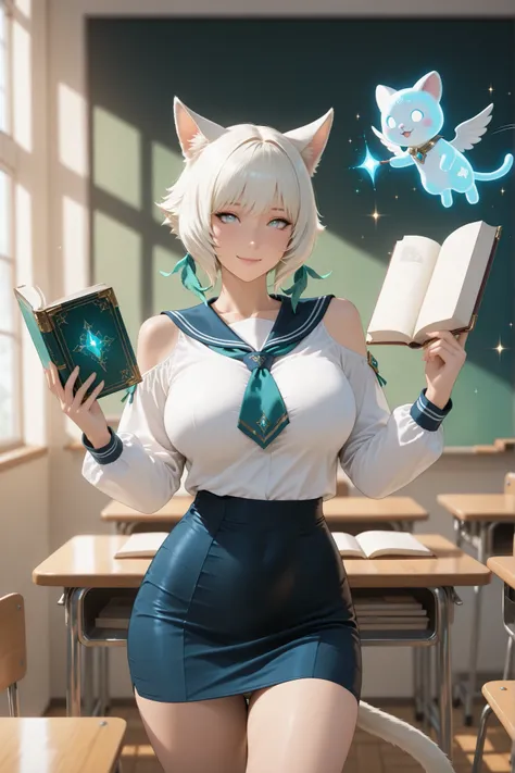 ((fantasy girls' school classroom)), ((soft realistic anime style:1.2)), ((warm ambient light)), beautiful cat-eared teacher, (Y'shtola inspired), white-blonde shoulder-length voluminous bob, glowing blue eyes, confident gentle smile, cat ears visible abov...