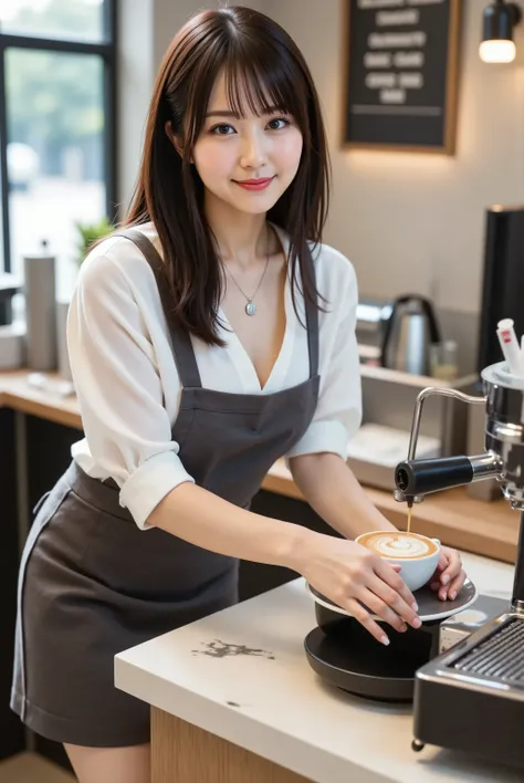 A 20-year-old Japanese woman, long layered dark brown hair in a loose low ponytail, gentle professional smile, meticulously crafting latte art in a chic, minimalist coffee shop (industrial-modern aesthetic). Wears crisp white V-neck barista blouse (rolled ...