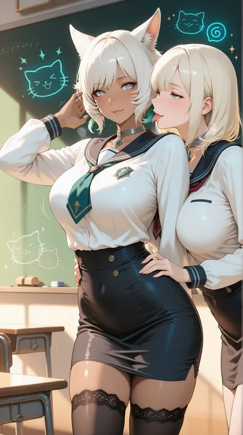 ((fantasy girls' school classroom:1.3)), ((soft realistic anime style:1.2)), pastel light-filled space, enchanted wooden desks, floating magical items, soft sparkles in the air,

mature and elegant female teacher with cat ears, inspired by Y’shtola, should...
