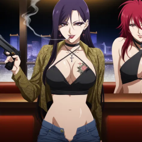 2girl, two girls, , long hair, [[[tattoo]]], earrings, breast tattoo, waist tattoo, girls, black hair, , purple hair, red hair,  ,, makeup, parted lips,  smoking, purple hair, choker, high quality, best quality, great quality, long  hair, arm tattoo, eyesh...