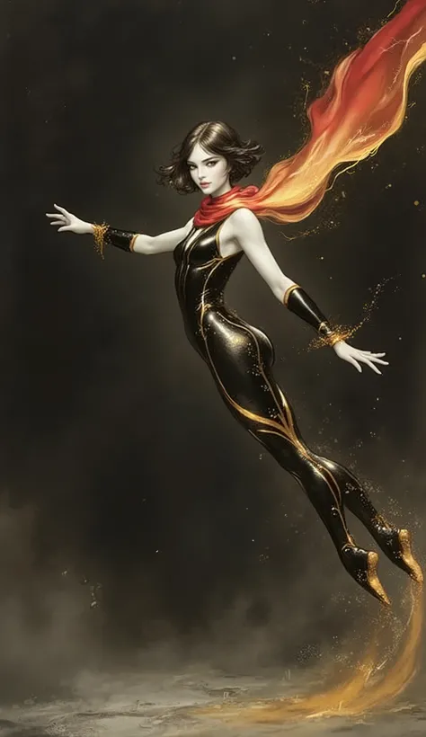 (masterpiece, 8k, best quality, ultra-detailed, photorealistic), A stunning artistic illustration of a surreal fantasy dancer. The subject is a gorgeous young woman with a chic, short brunette bob haircut and piercing amber eyes; her face is a portrait of ...