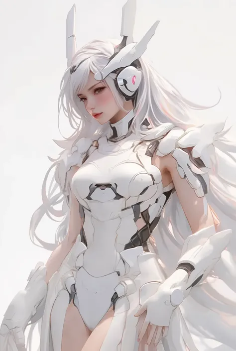 headset and haute couture sexy dress white background full body,long curly silver