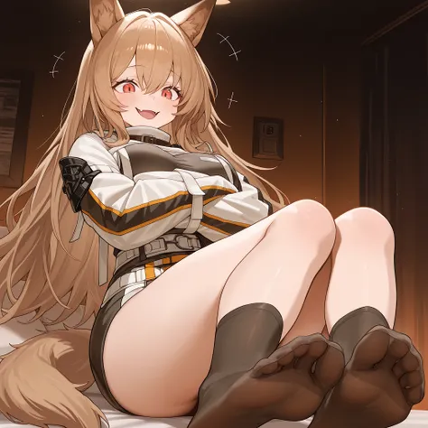 Masterpiece, best quality at end of the day, amazing quality, Highly Detailed, Newest, is very beautiful, 1 girl, giggle，Dynamic Pose, Diffuse light, ridiculous results, high resolution，ceobe_\(arknights\) ,  red eyes, brown hair , dog tail, dog ears,  jac...