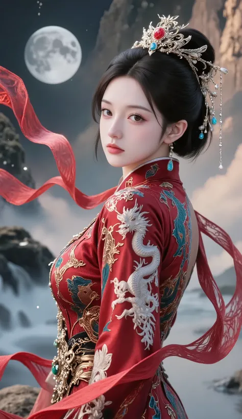 Masterpiece, best quality at end of the day, 1 girl, , wearing a gorgeous Chinese wedding dress, , dark red brocade,with exquisite dragon and phoenix embroidery, Pearls and gemstones, with a delicate knot at the collar, flowing and transparent veils,with e...