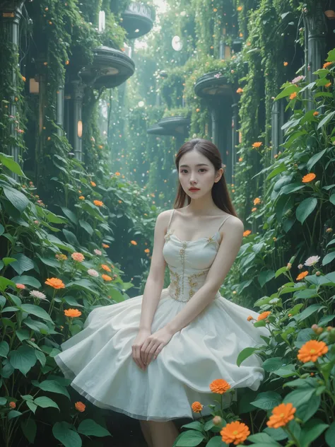 High quality cute Japanese female android nestled in a robot paradise, Realistic sense of life,