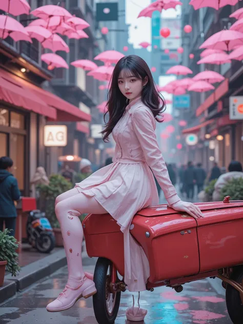 high quality cute Japanese female android nestled in a machine paradise,Nestled in a mechanical paradise,Precise High Resolution,photographic realism,High Dynamic Range,EXTREME DETAILS,Professional,bright colors,bokeh,concept art,digital 3d rendering nestl...