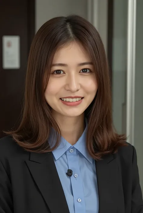 Neat Young Woman、and look at the camera、smile showing teeth、office lady suit、jacket、shirt、黒髪、、耳にピアス、 、dark eyeshadow、upper body、Background is in a room、
