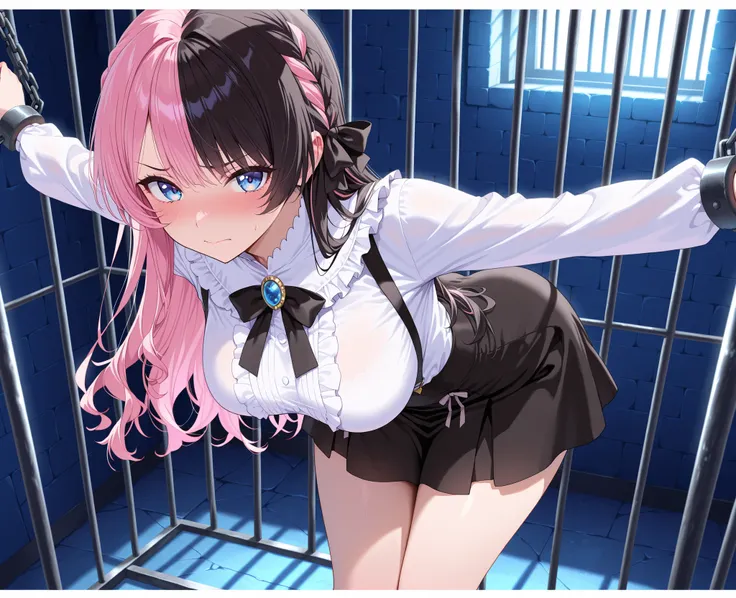 solo,masterpiece,best quality, amazing quality, highres, absurdres, very aesthetic, high resolution, ultra detailed, perfect details,Hinan0Def, blue eyes, (multicolored hair), pink hair, black hair, long hair, french braid, hair bow, black bowtie, brooch, ...