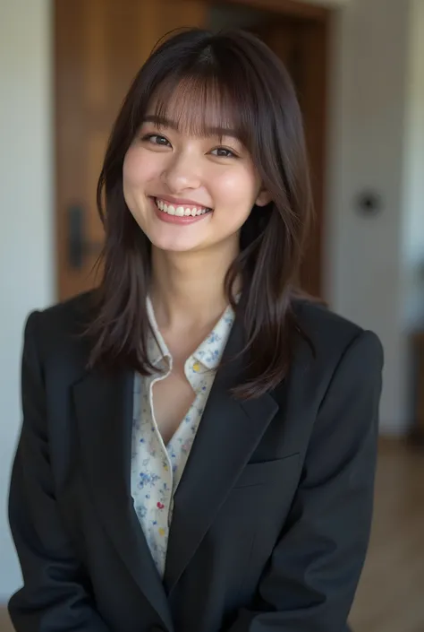 Neat Young Woman、and look at the camera、smile showing teeth、office lady suit、jacket、shirt、、、耳にピアス、 、dark eyeshadow、upper body、Background is in a room、

