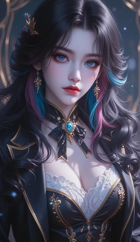 (masterpiece, detailed:1.2), Voluptuous woman, mature woman, fierce woman, tomboy women, gradient hair, long hair, voluminous hair, aqua eye, glossy lips, expressionless, gothic, thick eyelash , black hair, gold gradient highlight, dark hair, multicolored...